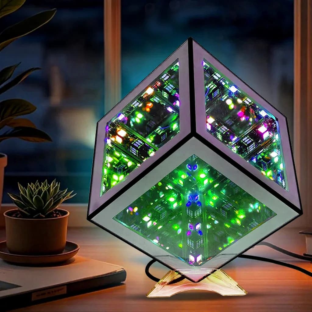 3D-äärettömyyskuutiolamppu RGB-tunnelmavalolla ja äänireaktiivisella tilalla