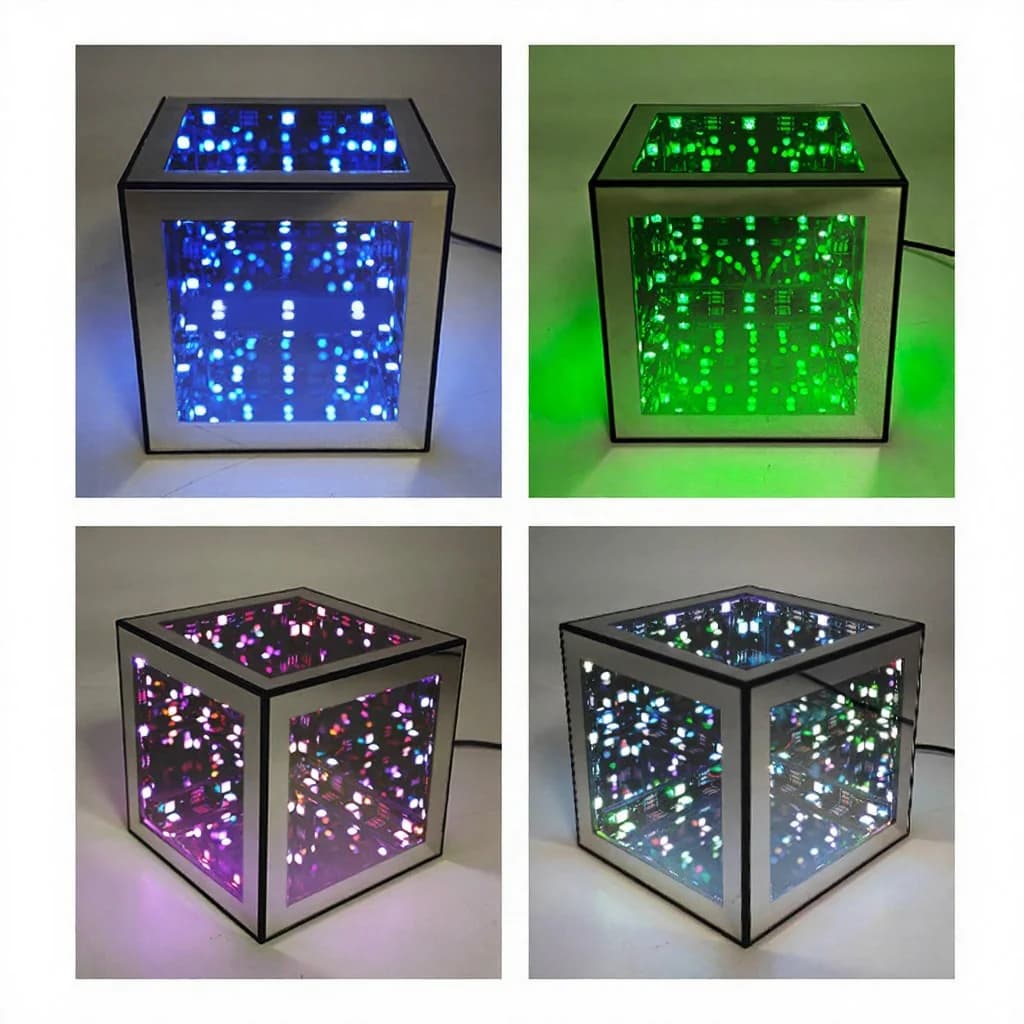 3D-äärettömyyskuutiolamppu RGB-tunnelmavalolla ja äänireaktiivisella tilalla