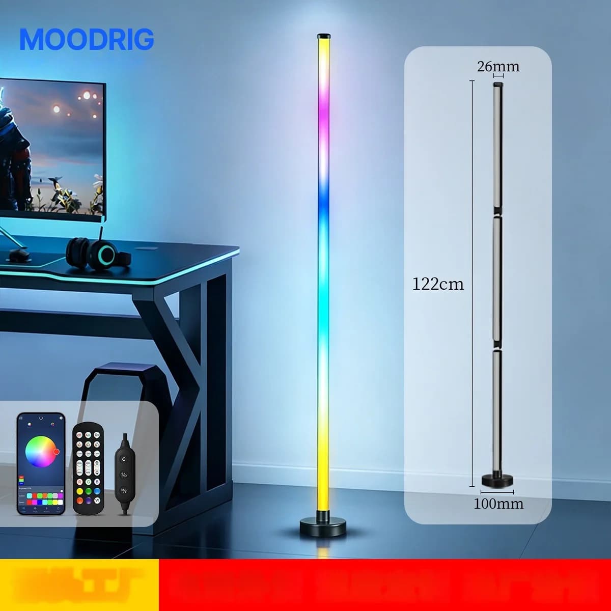 RGB LED-kulmalattiavalaisin musiikkisynkronoinnilla, sovellus- ja kaukosäädinohjauksella
