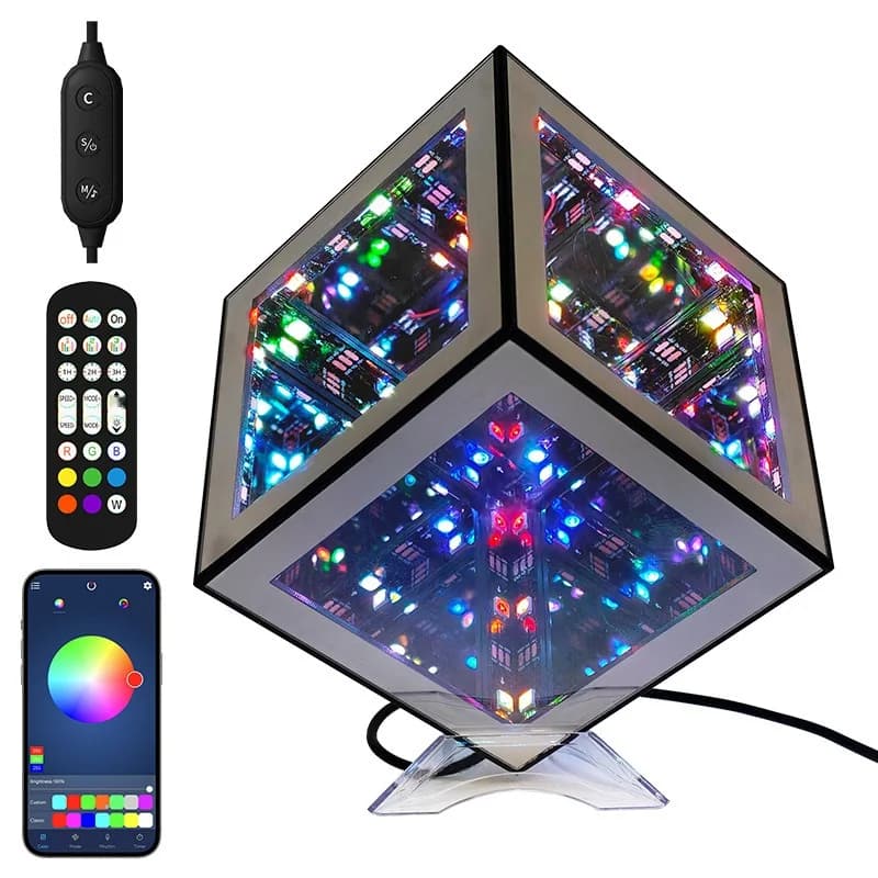 3D-äärettömyyskuutiolamppu RGB-tunnelmavalolla ja äänireaktiivisella tilalla